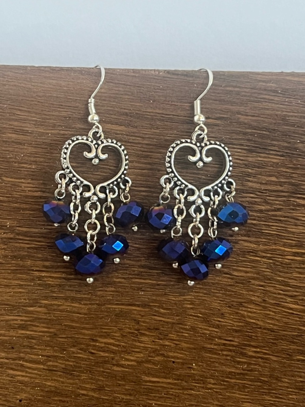 Silver Heart Chandelier Earrings withBlue Crystal Beads